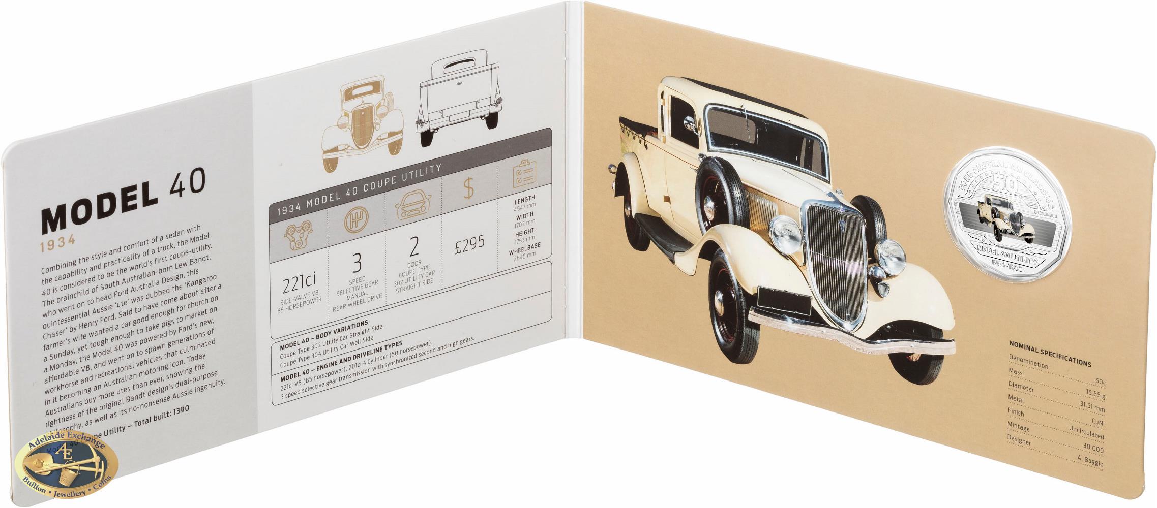 1934 Model 40 Coupe Utility FORD Car 2017 Australia 50c Coloured Unc Coin 