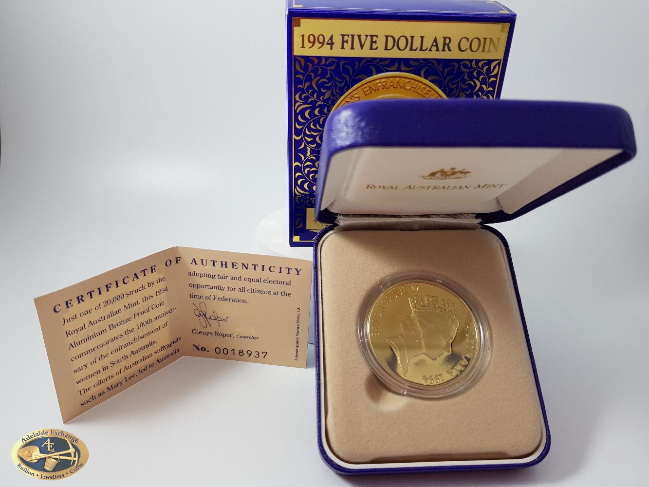 1994 $5 "The Enfranchisement of Women" proof coin 